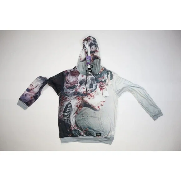 Fresh Hoods Womens Skull Floral Print Long Sleeve Pullover Drawstring Hoodie M - Picture 3 of 10